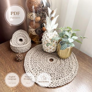 Eetkamerset Haakpatroon BUNDEL | Ronde placemat, onderzetter en mand | Modern tafeldecor pdf | Keuken- en eetkameraccessoires van getextureerd touw
