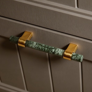 Brass And Natural Marble Cabinet Pull: Drawer Dresser Knob, Wardrobe Cupboard Handle