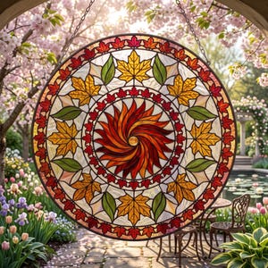 Könnte beinhalten: Ein runder Buntglas-Sonnenfänger mit einem zentralen rot-orangen Spiralmuster, umgeben von einem Ring aus gelben und grünen Ahornblättern, eingefasst von einem Rand aus kleinen roten Blättern, in einem dunklen Metallrahmen mit einer Kette.