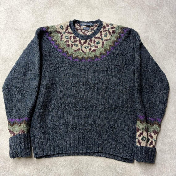 Vintage 90s Polo Ralph Lauren Hand Knit Wool Fair Isle Yoke Sweater Mens M