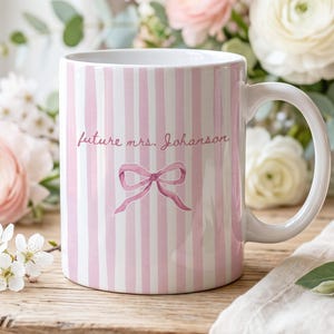 Just Engaged Gifts for Her, Custom Bride Gift, Personalized Mrs Mug, Newly Engaged Coffee Cup, Bride to Be Gift, Striped Bridal Shower Mug