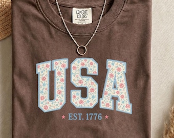 Comfort Colors Floral 4th of July Shirt Women, 250th Anniversary Tee 1776-2026, Faux Embroidered Look Retro USA Patriotic Independence Day