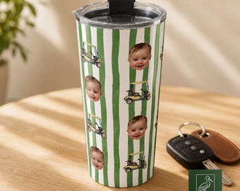 Custom Baby Face Golf Tumbler, New Dad Father's Day Gift, Personalized Photo Travel Mug for Dad, First Time Daddy Gift, Golf Dad Tumbler
