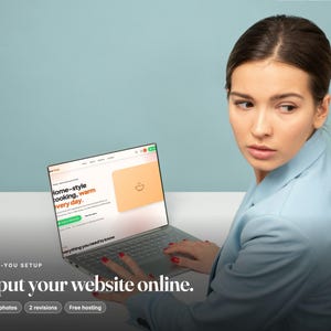 May include: A silver laptop displaying a website with the text home-style cooking, warm every day. The screen also shows the text everything you need to know. Below the laptop, the text reads DONE-FOR-YOU SETUP We put your website online.