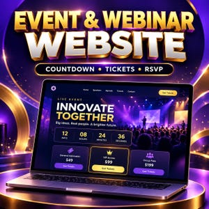 以下が含まれることがあります： Innovate Togetherというタイトルのウェブサイトを表示するノートパソコン。カウントダウンタイマー、イベント詳細、General Admission、VIP Access、Group Passのチケットオプションが紫と金のグラフィックで表示されています。