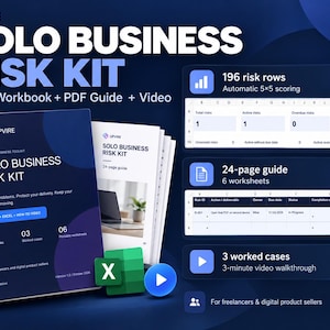 May include: The Upvire Solo Business Risk Kit includes a dark blue manual, a 24-page guide, and digital assets. The kit features 196 risk rows with 5x5 scoring, 6 worksheets, 3 worked cases, and a 3-minute video walkthrough for freelancers.