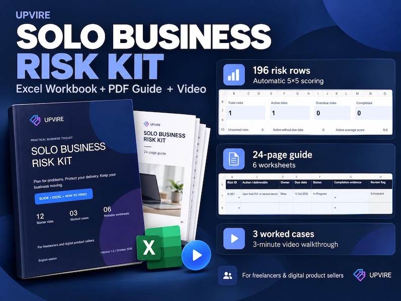 May include: The Upvire Solo Business Risk Kit includes a dark blue manual, a 24-page guide, and digital assets. The kit features 196 risk rows with 5x5 scoring, 6 worksheets, 3 worked cases, and a 3-minute video walkthrough for freelancers.