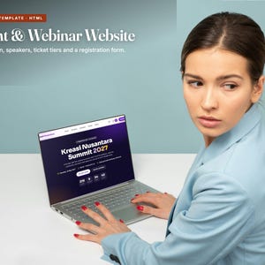 Peut inclure: Un modèle de site web numérique pour un événement et un webinaire, affiché sur l'écran d'un ordinateur portable argenté. L'interface présente le texte 'Kreasi Nusantara Summit 2027', un compte à rebours et des détails sur l'événement.