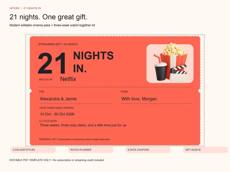 Tarjeta de regalo editable para noche de cine y cupón para cita romántica (PDF) imagen 2