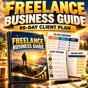 以下が含まれることがあります： 「Freelance Business Guide 90-Day Client Plan」というタイトルの本。表紙には夕暮れの崖の上に立つ人物が描かれている。90-Day Roadmap、Client Pipeline、Pricing Sheetと書かれた印刷書類と黒いペンが添えられている。