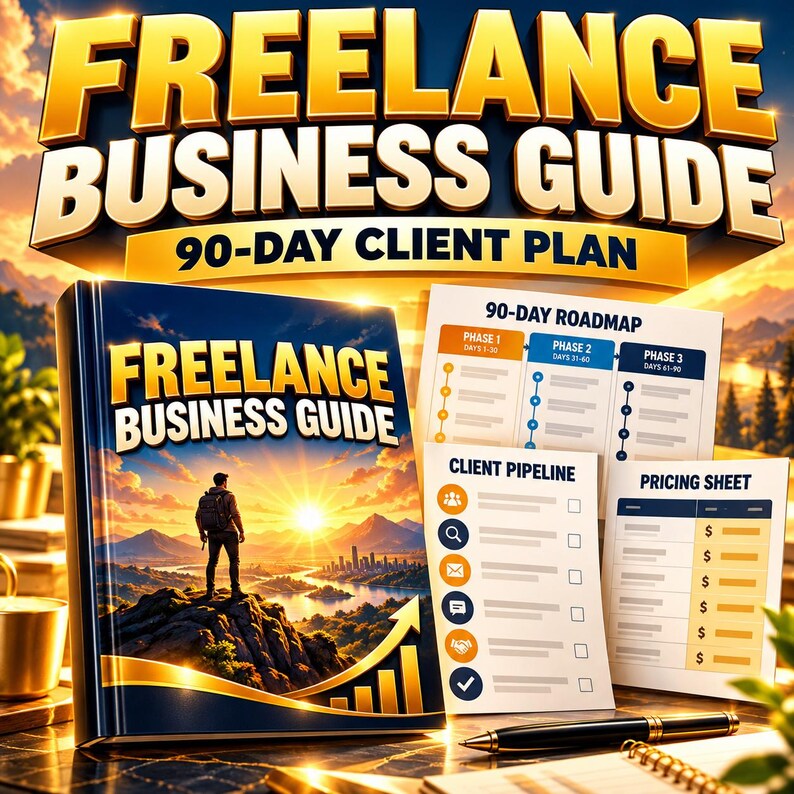 以下が含まれることがあります： 「Freelance Business Guide 90-Day Client Plan」というタイトルの本。表紙には夕暮れの崖の上に立つ人物が描かれている。90-Day Roadmap、Client Pipeline、Pricing Sheetと書かれた印刷書類と黒いペンが添えられている。