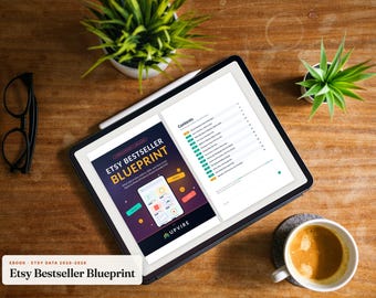 May include: A tablet displaying the Etsy Bestseller Blueprint ebook, featuring a dark cover with the title and a mobile interface graphic, alongside a contents page. The screen shows the Upvire logo, text, and various icons on a digital display.