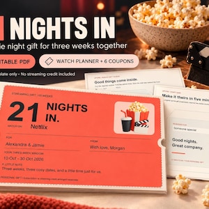 Puede incluir: Una plantilla digital para un regalo de noche de cine titulada 21 Nights In, con una tarjeta roja estilo boleto con campos para nombres, fechas y notas. El dise&ntilde;o incluye un gr&aacute;fico de palomitas y una claqueta, con texto que indica PDF editable.