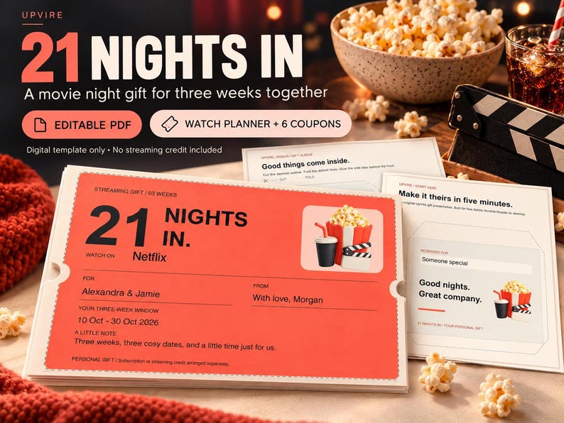 Puede incluir: Una plantilla digital para un regalo de noche de cine titulada 21 Nights In, con una tarjeta roja estilo boleto con campos para nombres, fechas y notas. El dise&ntilde;o incluye un gr&aacute;fico de palomitas y una claqueta, con texto que indica PDF editable.