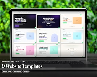 May include: A laptop screen displaying a grid of nine distinct website templates. Each template features unique colour schemes, typography, and layout designs, including text such as We design your brand's digital future and Kreasi Nusantara Summit 2027.