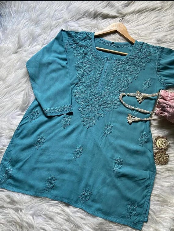 Chikankari Handmade Short Kurti Multi Colour Kurti staright ( Tariff Free)