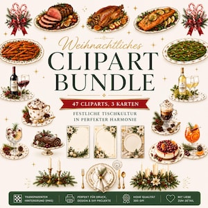 Watercolor Christmas Clipart Bundle, Christmas PNG, Food Clipart, Vintage Christmas Clipart, 50 PNG Files, Christmas Dinner, Menu Cards