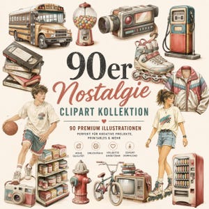 Könnte beinhalten: Digitale Illustration mit 90er-Jahre-Nostalgie-Themen. Enthält einen Schulbus, einen Kaugummiautomaten, einen Camcorder, Rollschuhe, eine Zapfsäule und eine Jacke. Der Text lautet "90er Nostalgie Clipart Kollektion".