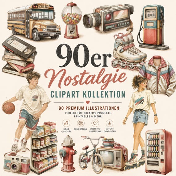 90s Clipart Bundle PNG – 90er Nostalgie Cliparts, Retro PNG Bundle, Vintage Objekte, Sofortdownload