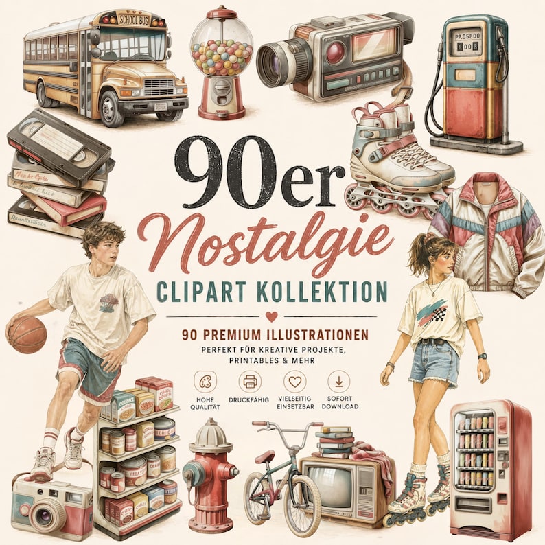 Może przedstawiać: Cyfrowa ilustracja z motywami nostalgii lat 90. Zawiera szkolny autobus, automat do gumy, kamerę, rolki, dystrybutor paliwa i kurtkę. Tekst brzmi "90er Nostalgie Clipart Kollektion".