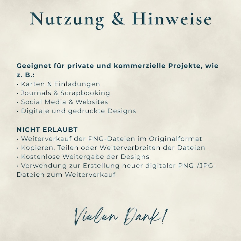 Może przedstawiać: Kremowa grafika z ciemnozielonym tekstem. Tekst na g&oacute;rze brzmi "Nutzung & Hinweise", a następnie listy dozwolonych i zabronionych zastosowań dla projekt&oacute;w cyfrowych, w tym kart, dziennik&oacute;w i medi&oacute;w społecznościowych. Na dole napis "Vielen Dank!"