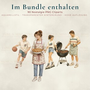 Może przedstawiać: Akwarelowa ilustracja rodziny w letni dzień: ciasto, grill, koszyk&oacute;wka i rolki. Tekst w języku niemieckim brzmi "Im Bundle enthalten" i "90 Nostalgie PNG Cliparts". Obraz ma nostalgiczny styl.