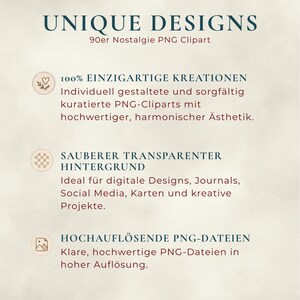 Może przedstawiać: Grafika tekstowa z napisami "UNIQUE DESIGNS" i "90er Nostalgie PNG Clipart". Obraz zawiera r&oacute;wnież tekst opisujący unikalne kreacje, czyste, przezroczyste tło i pliki PNG o wysokiej rozdzielczości.