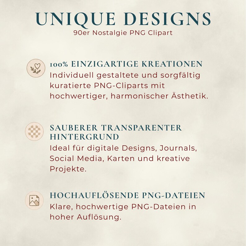Może przedstawiać: Grafika tekstowa z napisami "UNIQUE DESIGNS" i "90er Nostalgie PNG Clipart". Obraz zawiera r&oacute;wnież tekst opisujący unikalne kreacje, czyste, przezroczyste tło i pliki PNG o wysokiej rozdzielczości.