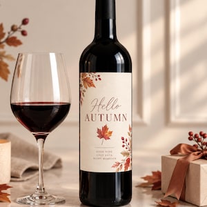 May include: A dark glass wine bottle with a cream-colored label featuring autumn leaves, red berries, and the text Hello AUTUMN, GOOD WINE, COZY DAYS, HAPPY MOMENTS, positioned next to a clear wine glass filled with deep red wine.