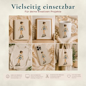 Może przedstawiać: Kolekcja produkt&oacute;w z akwarelową ilustracją osoby na rolkach. Artykuły obejmują notatnik, oprawiony wydruk, kubek, koszulkę, etui na telefon i torbę. Tekst brzmi "Wszechstronne zastosowanie" i "Dla Twoich kreatywnych projekt&oacute;w".