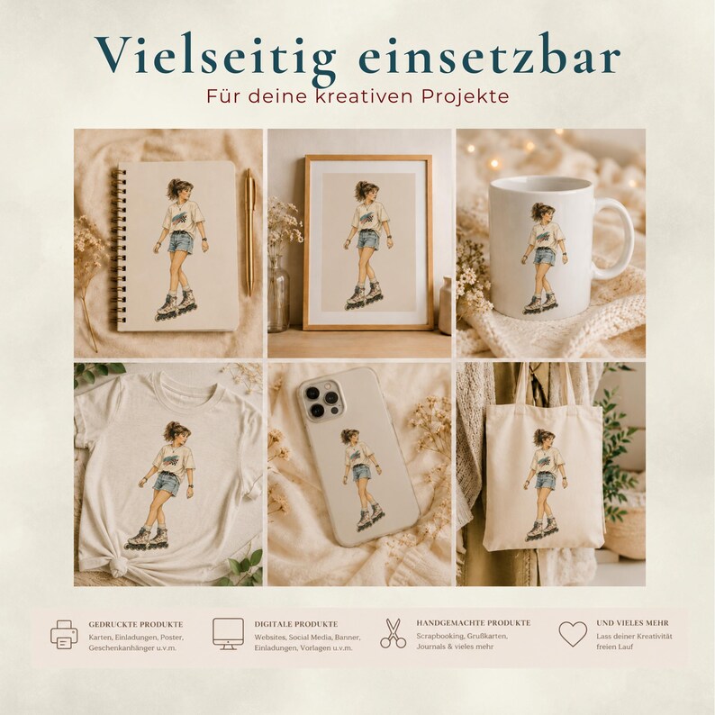 Może przedstawiać: Kolekcja produkt&oacute;w z akwarelową ilustracją osoby na rolkach. Artykuły obejmują notatnik, oprawiony wydruk, kubek, koszulkę, etui na telefon i torbę. Tekst brzmi "Wszechstronne zastosowanie" i "Dla Twoich kreatywnych projekt&oacute;w".