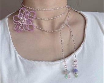 手作りのビーズ製睡蓮チョーカーネックレス、紫の花のレイヤードビーズネックレス、Y2K風ジュエリー、コテージコア風ギフト（女性向け）