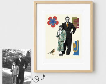 Custom Vintage Photo Illustration | Personalized Retro Collage Art from Your Old Photo | Printable Wall Art Gift