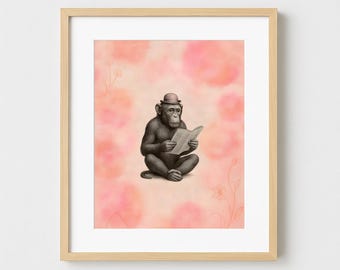 Monkey with Newspaper – Printable Art | Fantaisies animales du Jardin Secret