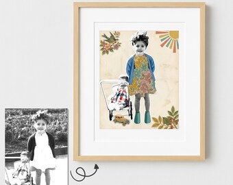 Custom Vintage Photo Illustration | Personalized Retro Collage Art from Your Old Photo | Printable Wall Art Gift
