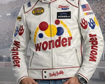 Men’s White Sheepskin Leather Racing Jacket – Wonder Inspired NASCAR Style Biker Jacket