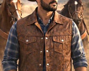 Men's Brown Sheepskin Leather Vest – Handmade Western Cowboy Biker Style, Vintage Rustic Waistcoat