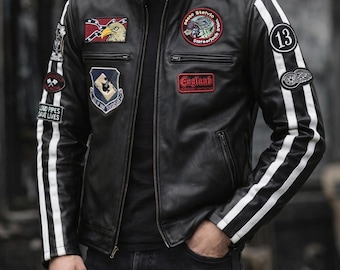 Men’s Sheep Leather Biker Jacket – Vintage Patch Motorcycle Style