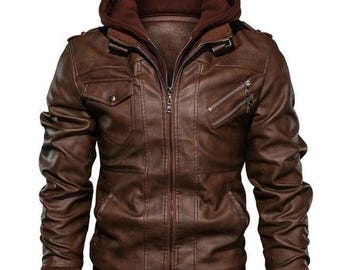 Sudadera con capucha de cuero samurái marrón - Chaqueta de motociclista hecha a mano - Traje de cosplay de 2077 Gaming - Cafe Racer