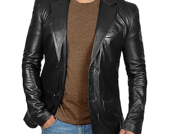 Handcrafted Men's Black Sheepskin Leather Sport Coat – Luxury Blazer