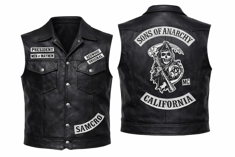 Black Sheepskin Leather Biker Vest – Handmade Son of Anarchy Motorcycle Club Style image 2