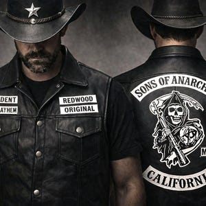 Black Sheepskin Leather Biker Vest – Handmade Son of Anarchy Motorcycle Club Style image 1