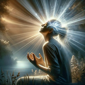 Può includere: Illustrazione digitale di una persona in meditazione, immersa nella luce. Raggi di luce emanano dalla testa, suggerendo l'illuminazione spirituale. La tavolozza dei colori è dominata da ori caldi e blu freddi. L'immagine evoca pace e serenità.