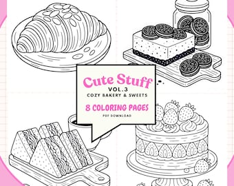 Cozy Bakery & Café Coloring Pages | Croissant, Cake, Dessert Coloring | Kawaii Relaxation Art (Instant Download)