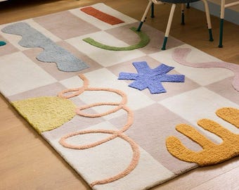 Hand-Tufted Wool Area Rug, Modern Geometric Kids Room Decor