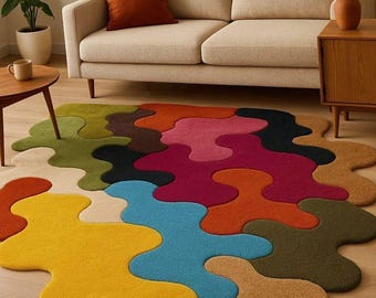 Hand-Tufted Wool Area Rug, Modern Abstract Organic Shapes, Custom Bedroom Rug
