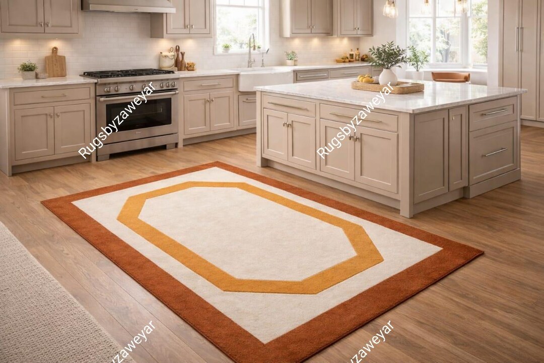 Cream And Rust Pattern Rug Hand Tufted Wool Geometric Rug – Cream Rust Border Area Carpet - Etsy