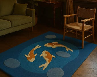 Hand-Tufted Wool Koi Fish Rug | Modern Carp Pond Design