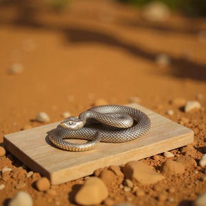 May include: A silver-coloured snake figurine coiled on a small, rectangular wooden plank. The snake has detailed scales and a raised head. The background is a blurred view of dirt and small rocks.