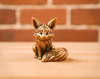 Mini figura de zorro de latón, linda escultura de animal de cobre • Decoración de escritorio • Adorno para el hogar • Regalo coleccionable